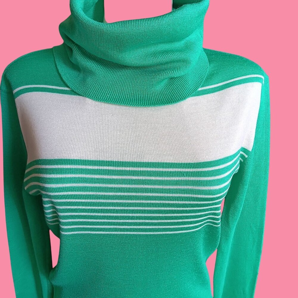 Turtleneck Sweater Large Vintage 70's Green White Striped Acrylic Wool Blend Mom